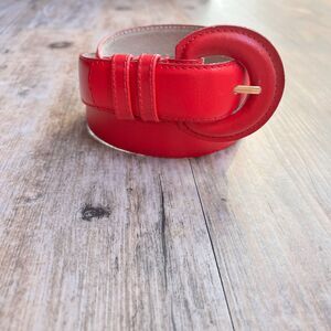 Vintage Red Leather Belt Statement Round Buckle Retro Y2K Maximalist Size 32